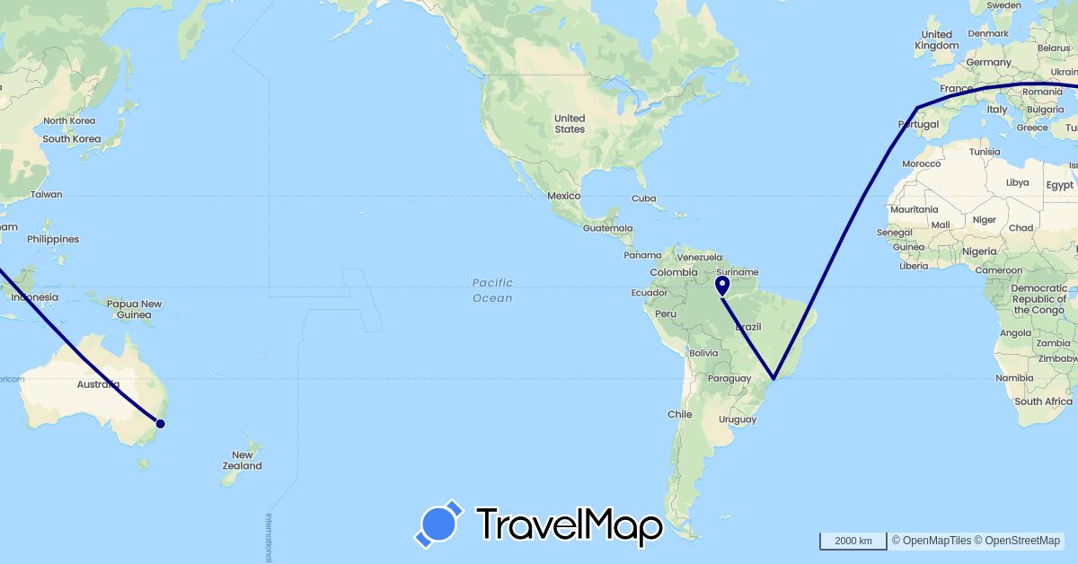 TravelMap itinerary: driving in Australia, Brazil, Spain (Europe, Oceania, South America)